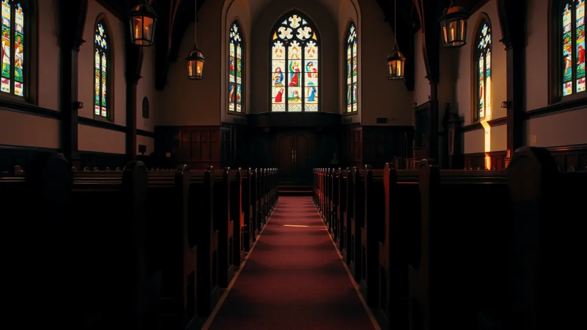 Imatge genèrica de l'interior d'una església amb bancs de fusta i vitralls.
