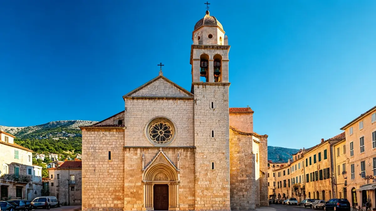 Fachada de la iglesia vieja de l'Espluga de Francolí con la torre del campanario.