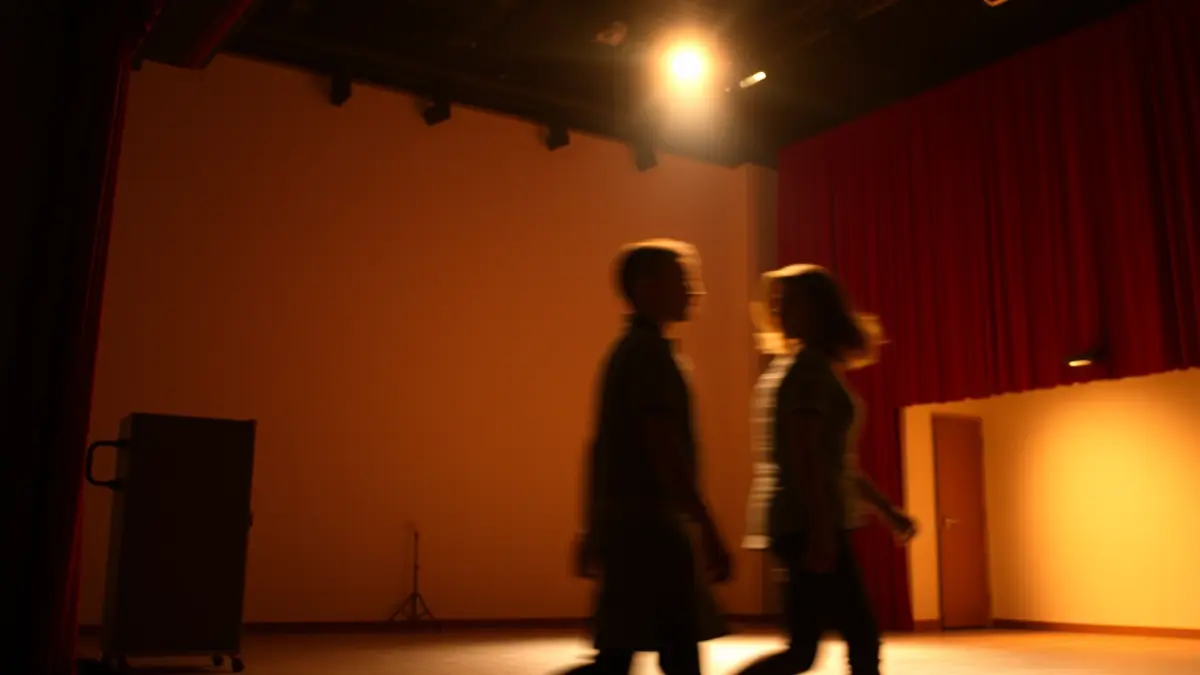 Imagen de una escena teatral con iluminación cálida y figuras en movimiento, sugiriendo una representación sin texto.