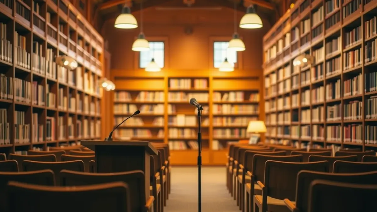 Imatge genèrica d'un interior de biblioteca amb prestatgeries de fusta i un faristol amb micròfon, il·luminació càlida.