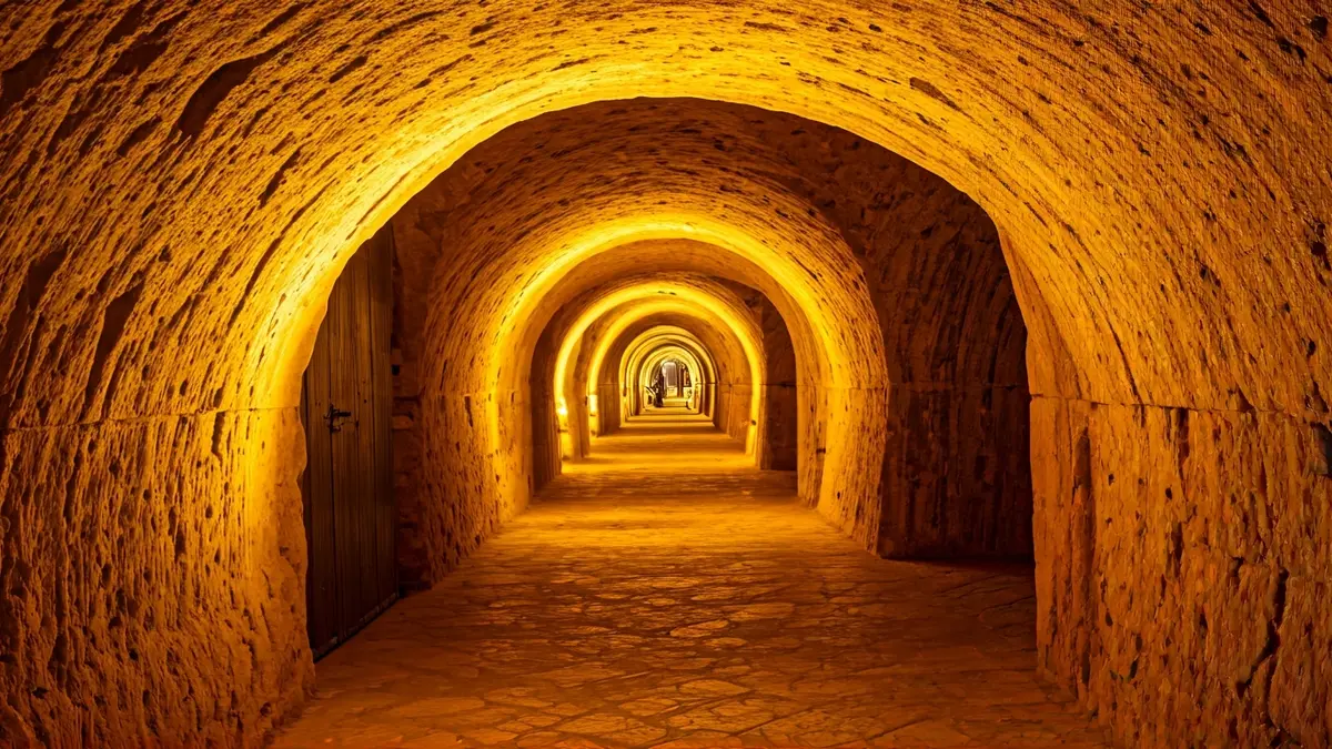 Entrada a les Coves de l'Espluga, amb il·luminació càlida i formacions rocoses.