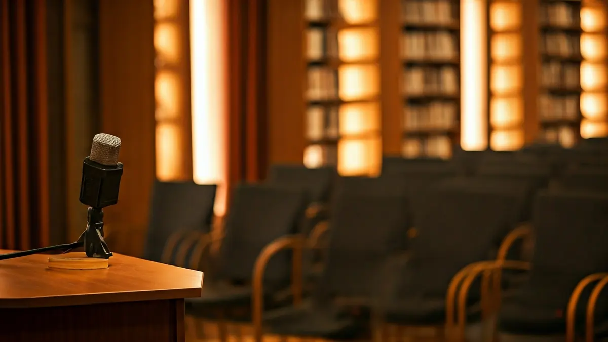 Imatge genèrica d'una biblioteca amb un podi i cadires buides, il·luminada amb llum càlida.