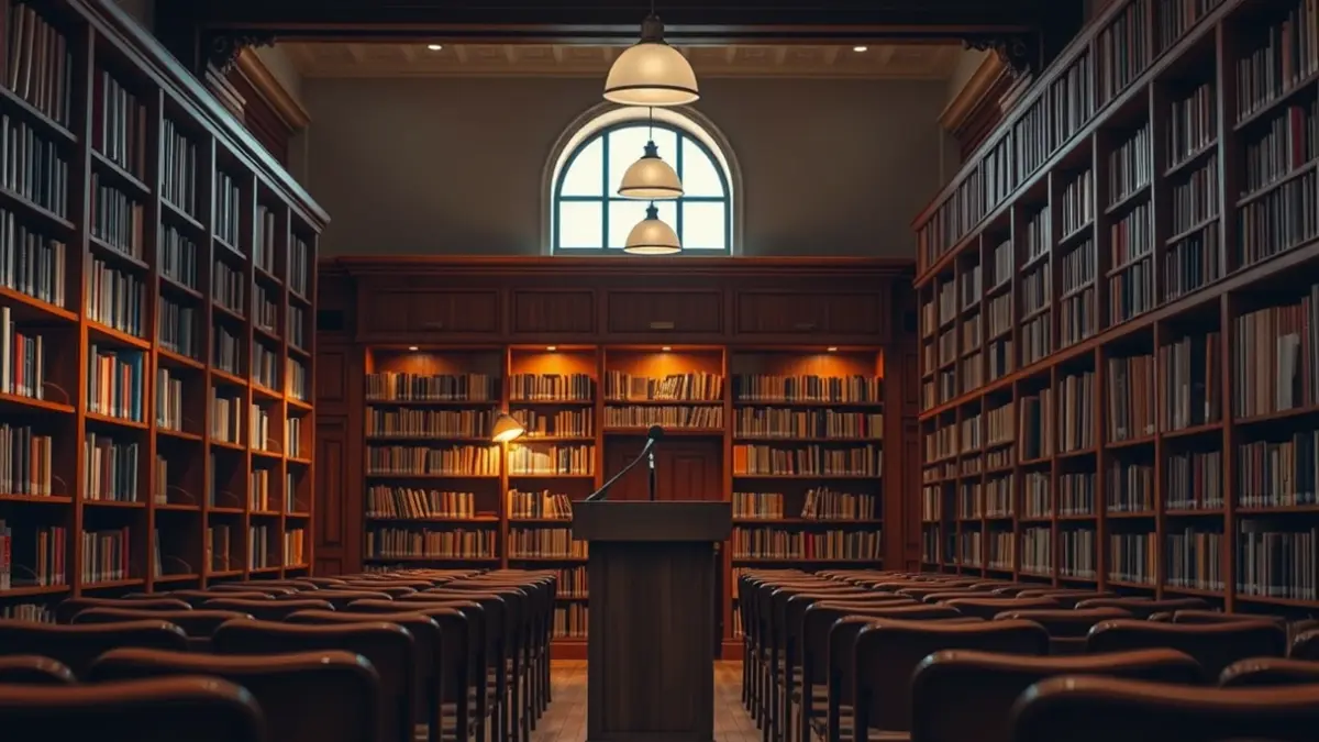 Generic image of a library with wooden bookshelves and a cozy reading atmosphere.