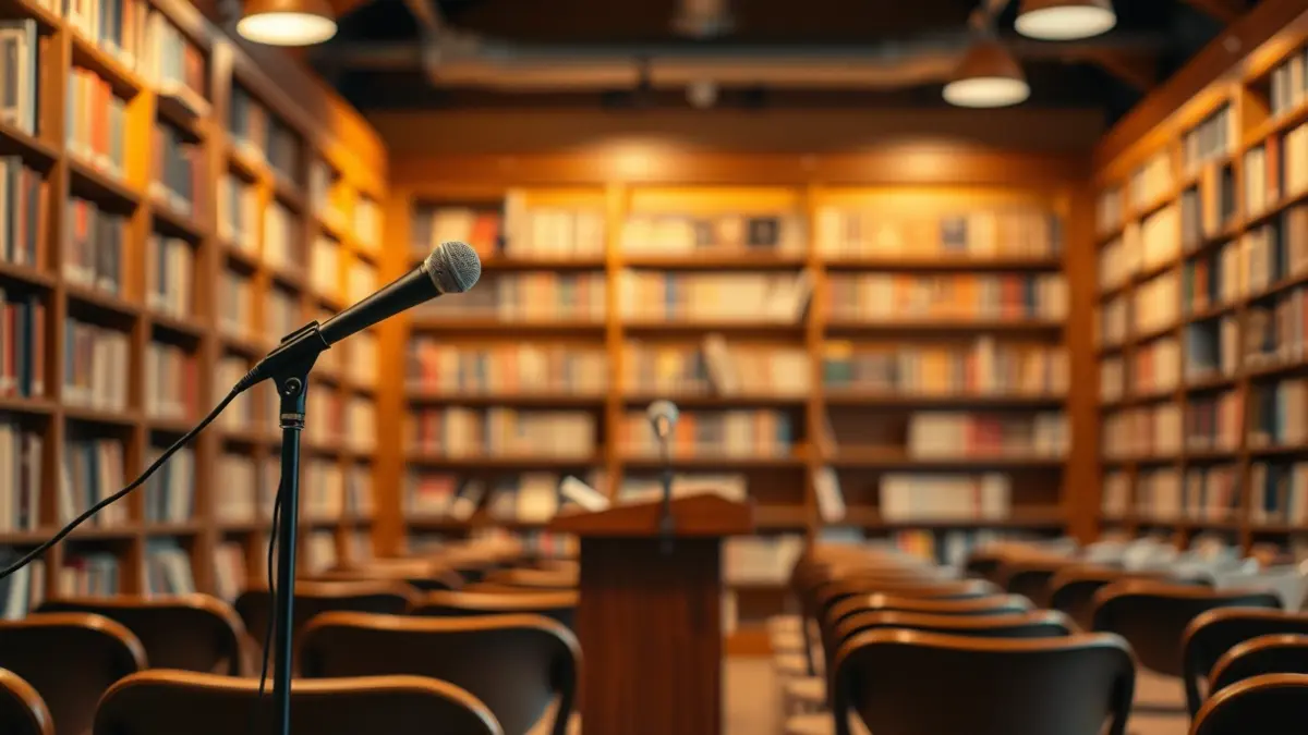 Generic image of a presentation or exhibition space with a microphone and empty chairs.