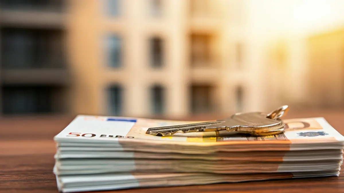 Imatge genèrica d'una clau de casa sobre bitllets d'euro, amb edificis residencials al fons, simbolitzant l'encariment de l'habitatge.