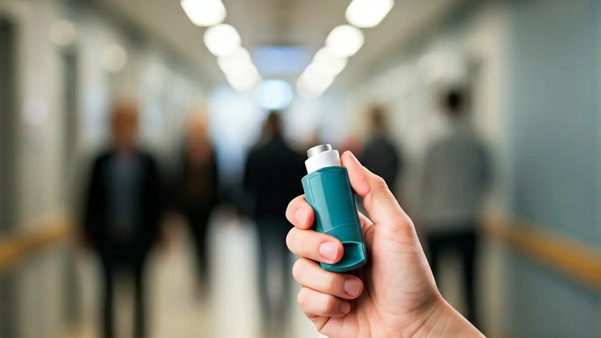 Imatge genèrica d'una mà sostenint un inhalador mèdic en un entorn hospitalari.