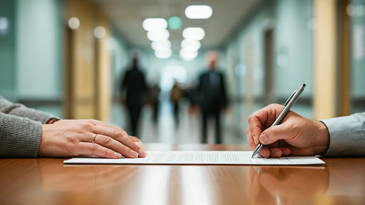 Imagen de unas manos firmando un documento en un entorno hospitalario.