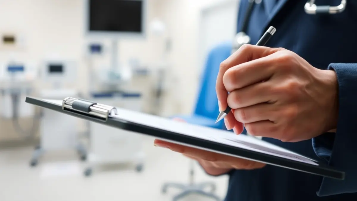 Imatge genèrica d'un professional sanitari revisant documents en un entorn hospitalari.