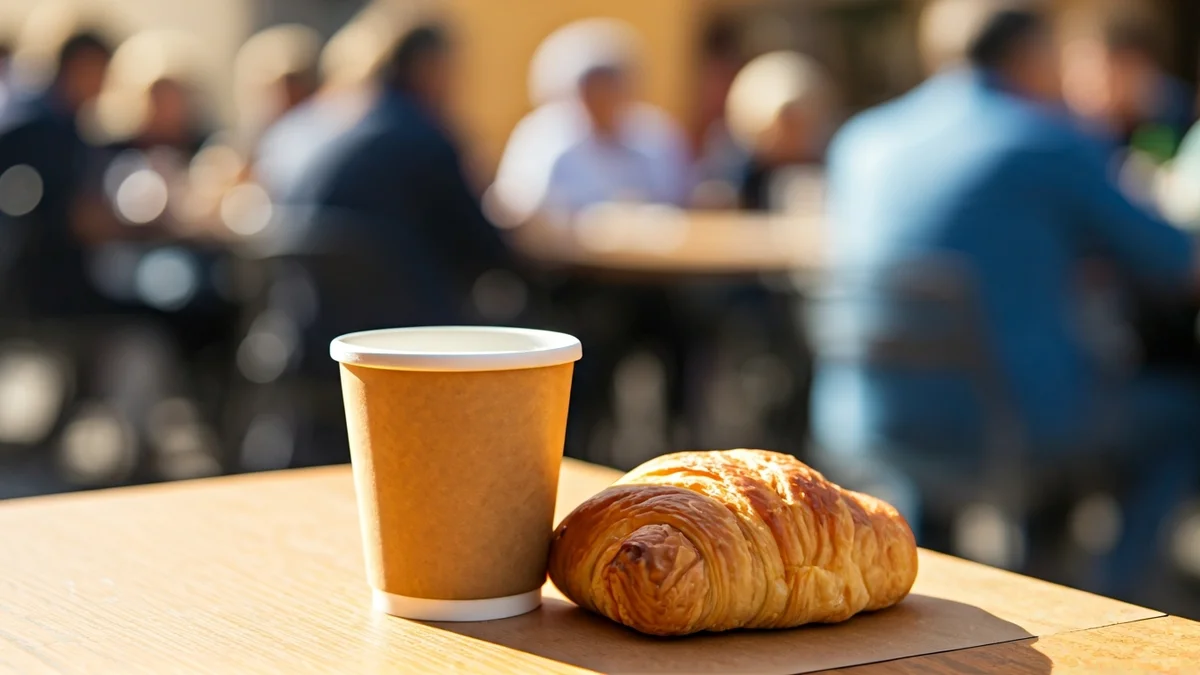 Imagen genérica de un desayuno sencillo con café y bollería en un ambiente comunitario.