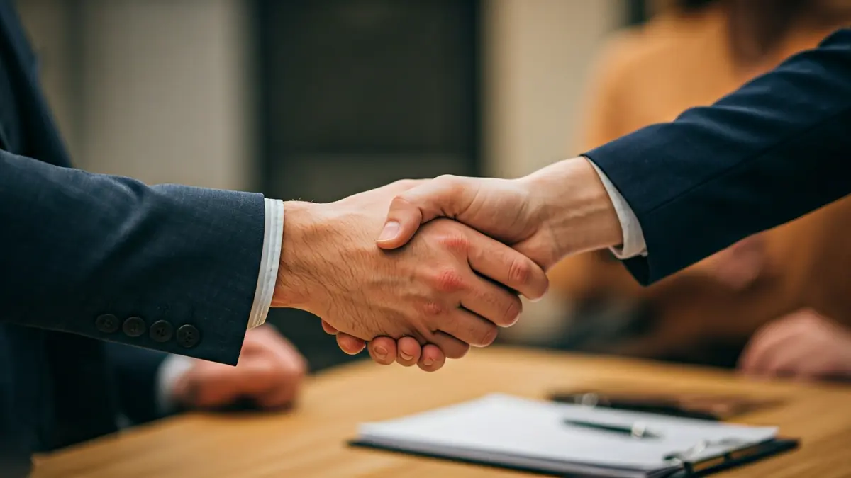 Generic image of two hands shaking over a desk, symbolizing an agreement.