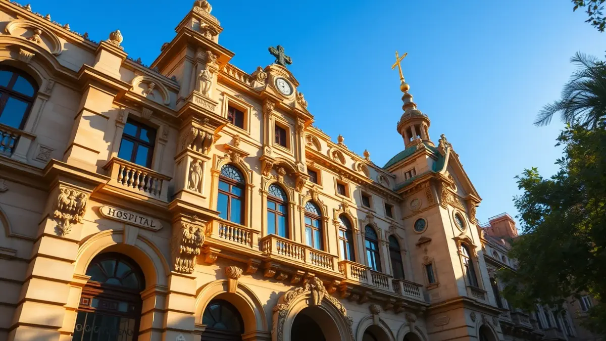 Modernist facade of Sant Pau Hospital in Barcelona, with architectural details and warm light.