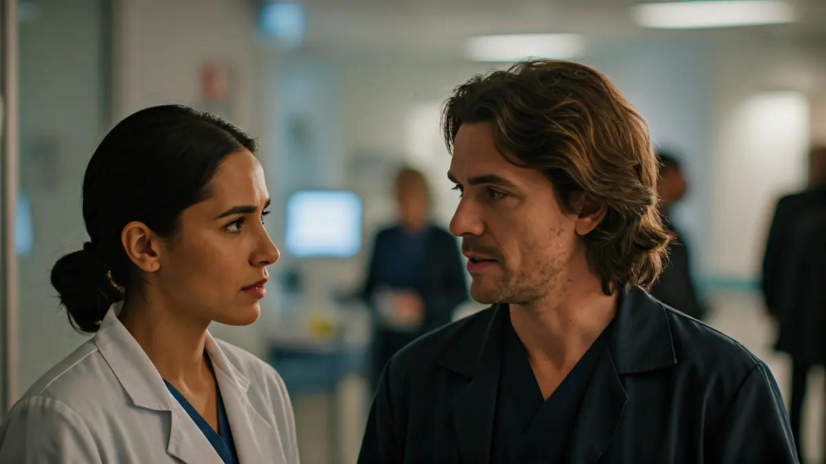 Generic image of two professionals conversing in a hospital setting.