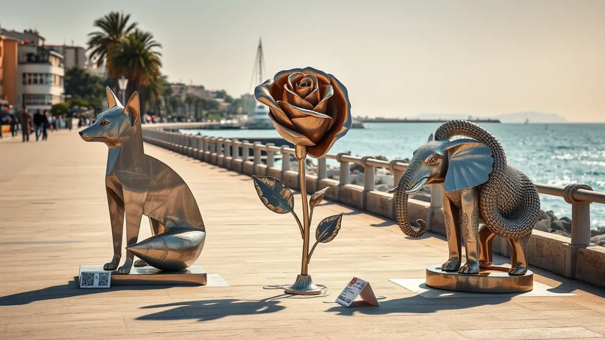 Escultures metàl·liques d'una rabosa, una rosa i una boa al passeig marítim de l'Hospitalet de l'Infant.