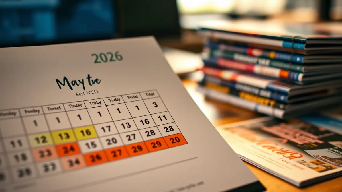 Imagen genérica de un calendario con fechas festivas destacadas y folletos de viaje.