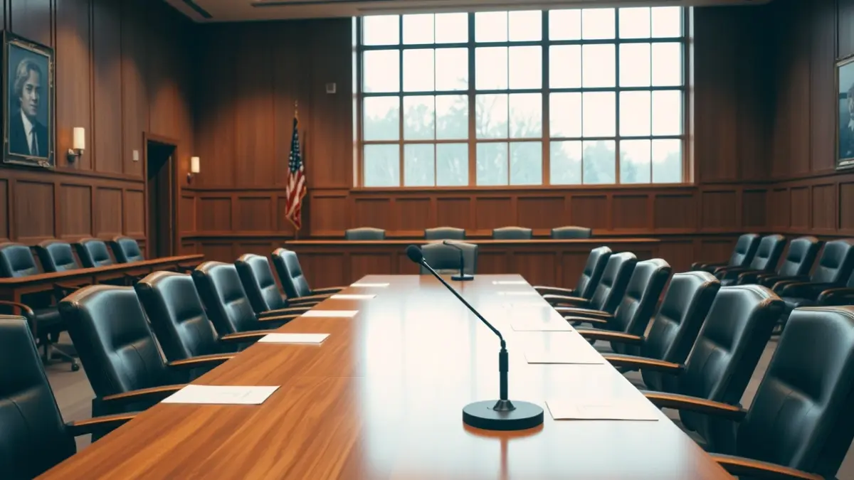Imagen genérica de una sala de reuniones institucional vacía, con una mesa larga y sillas.