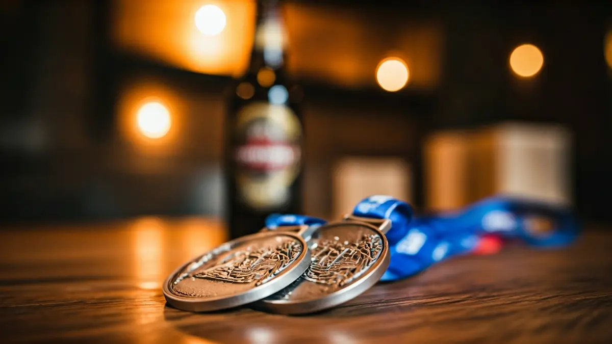 Medallas de plata y una botella de cerveza artesana sobre una mesa de madera.