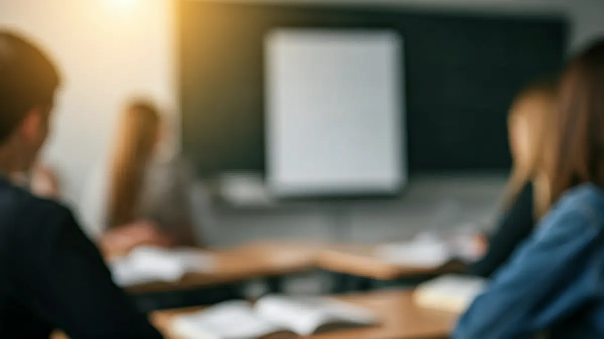 Imagen genérica de un aula con estudiantes y material educativo.