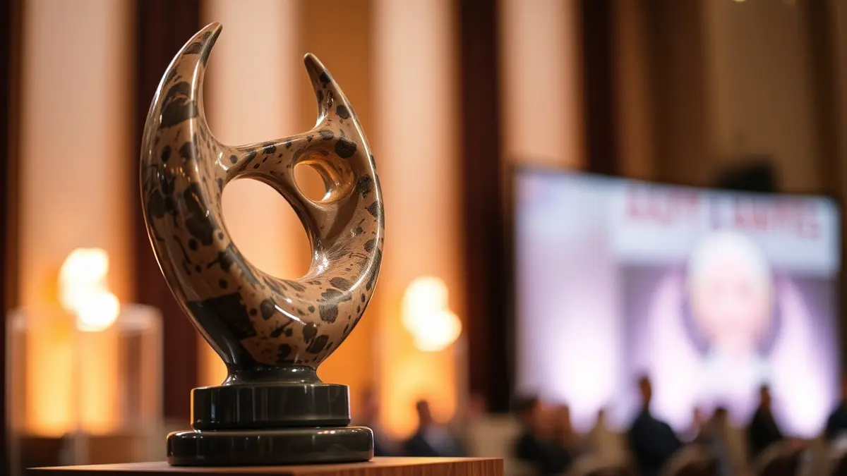 Escultura de ceràmica que representa un guardó, amb formes abstractes i llum càlida.