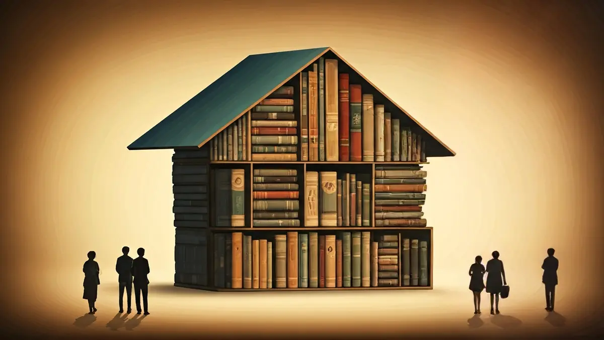 Ilustración de una casa hecha con libros, simbolizando un espacio de encuentro literario.