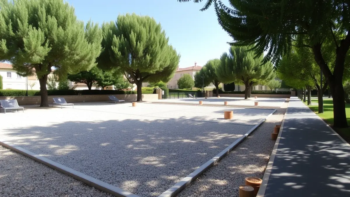 Imatge de dues pistes de petanca en una zona arbrada al costat d'una via verda.