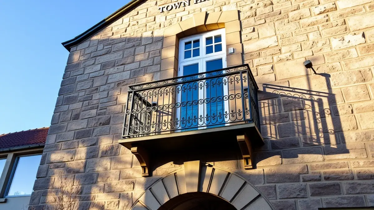 Fachada del Ayuntamiento de Llançà con balcón de hierro forjado bajo la luz del sol