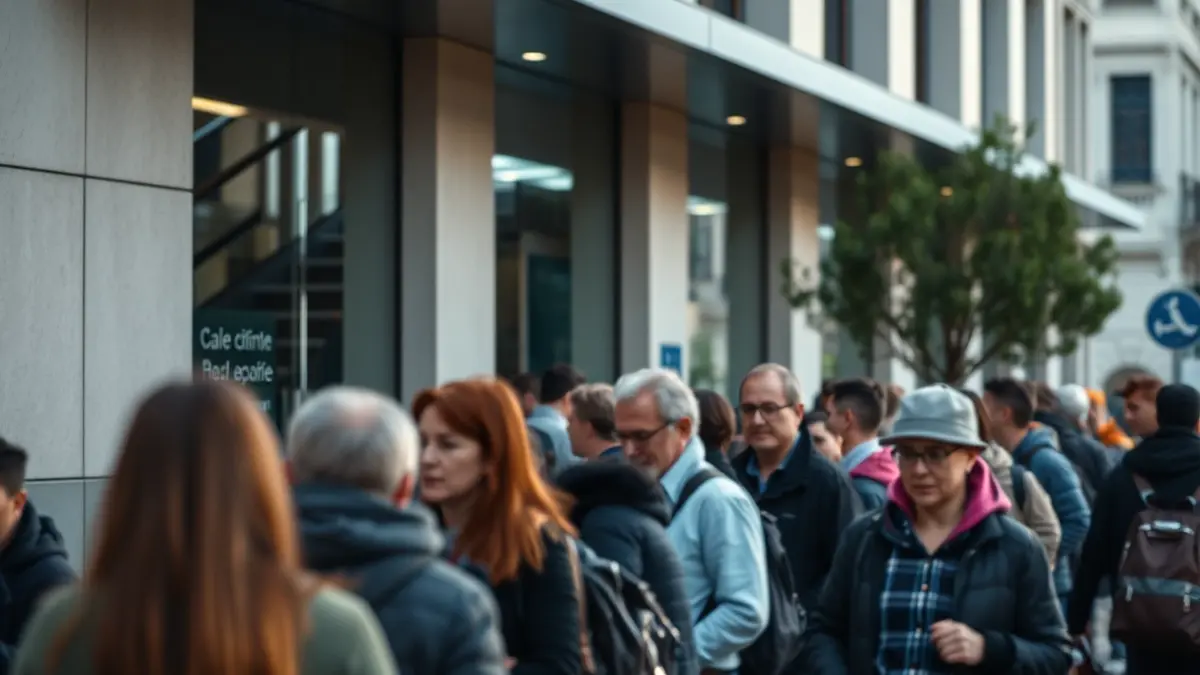 Imagen genérica de una larga cola de personas esperando frente a un edificio público.