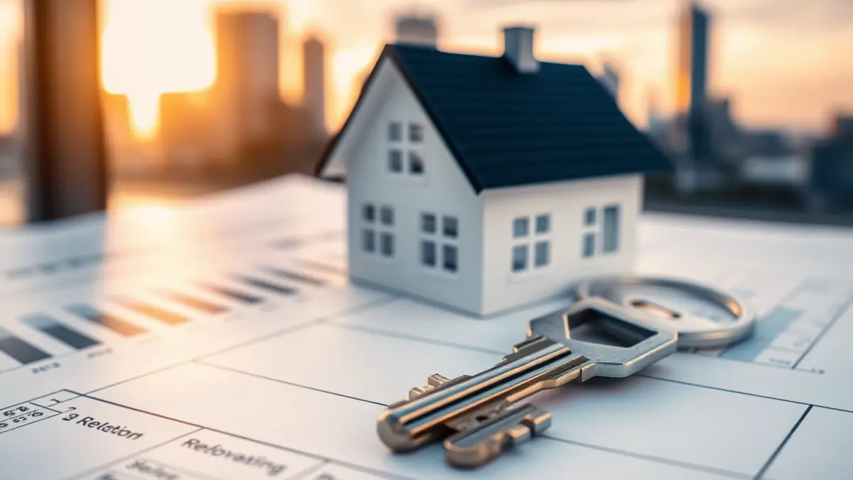 Imatge genèrica d'una clau de casa sobre un plànol, amb gràfics financers de fons, simbolitzant la inversió immobiliària.