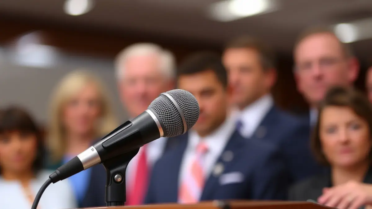 Generic image of a microphone on a podium during a press conference.