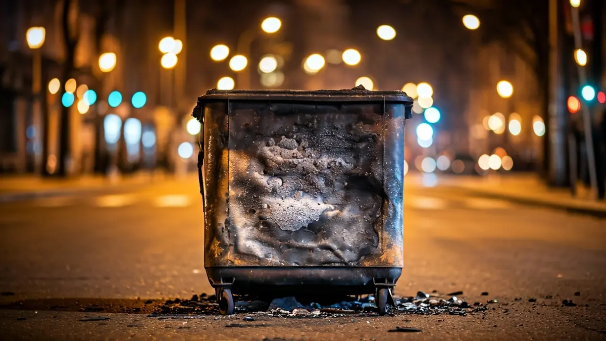 Imatge genèrica d'un contenidor de residus cremat en un carrer de la ciutat.