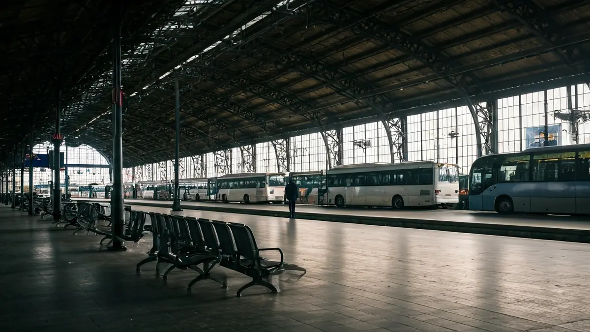 Imagen de una estación de autobuses vacía, con los andenes y la zona de espera sin pasajeros ni vehículos.