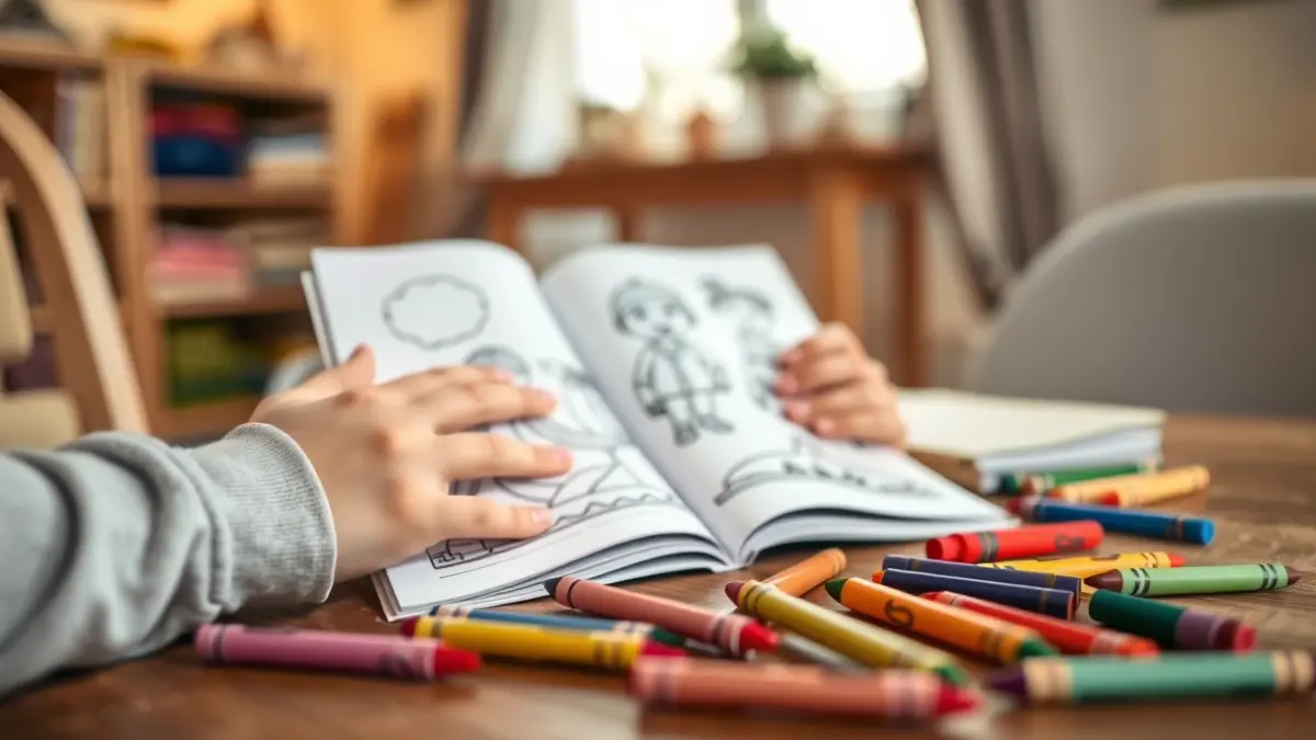 Generic image of a coloring book with simple, vibrant illustrations, with a child's hand coloring.