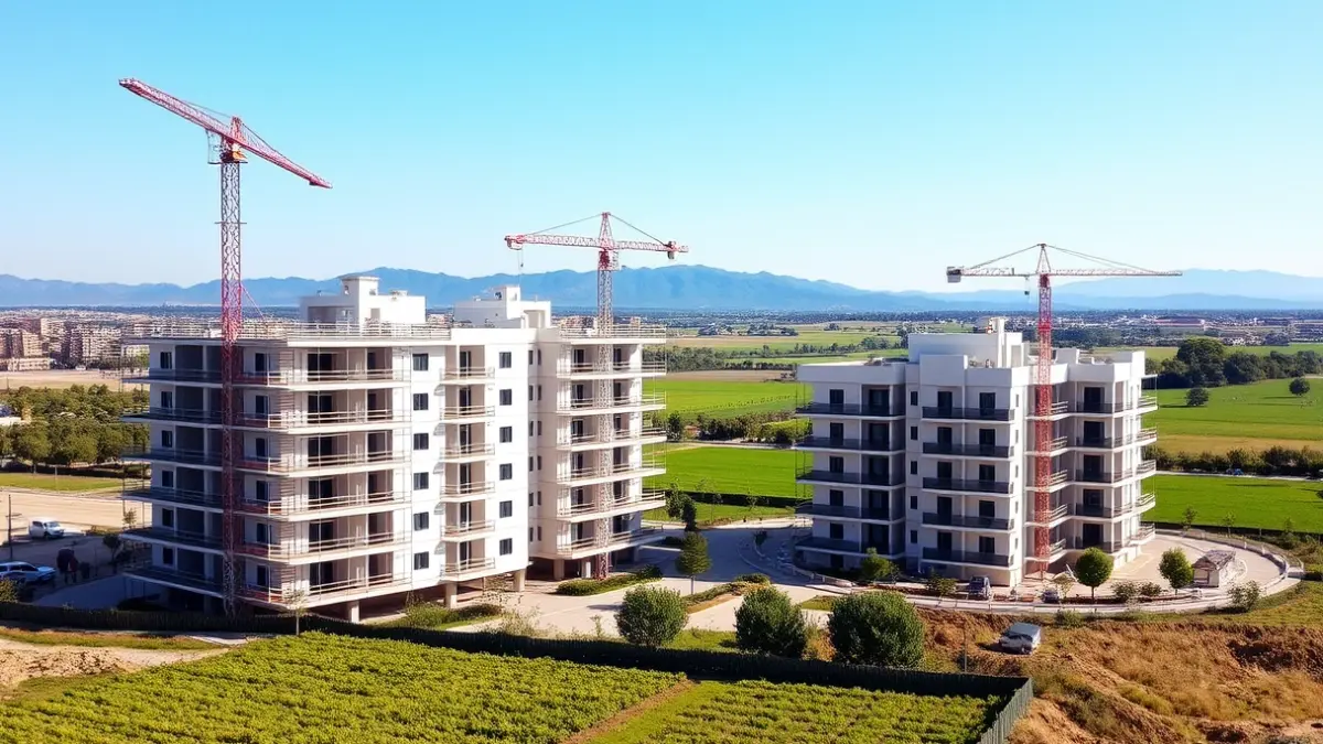 Imatge d'edificis d'apartaments en construcció en un entorn rural.