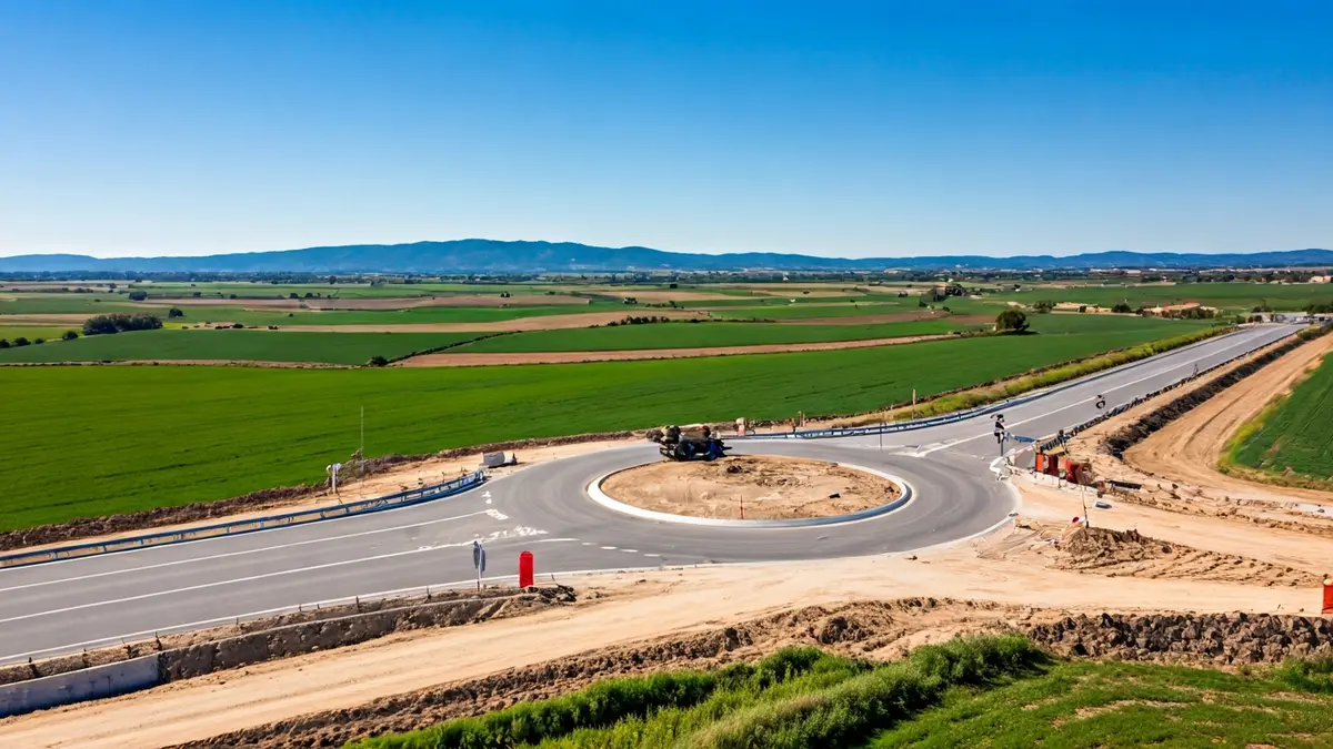 Aerial image of a roundabout under construction on a rural road.