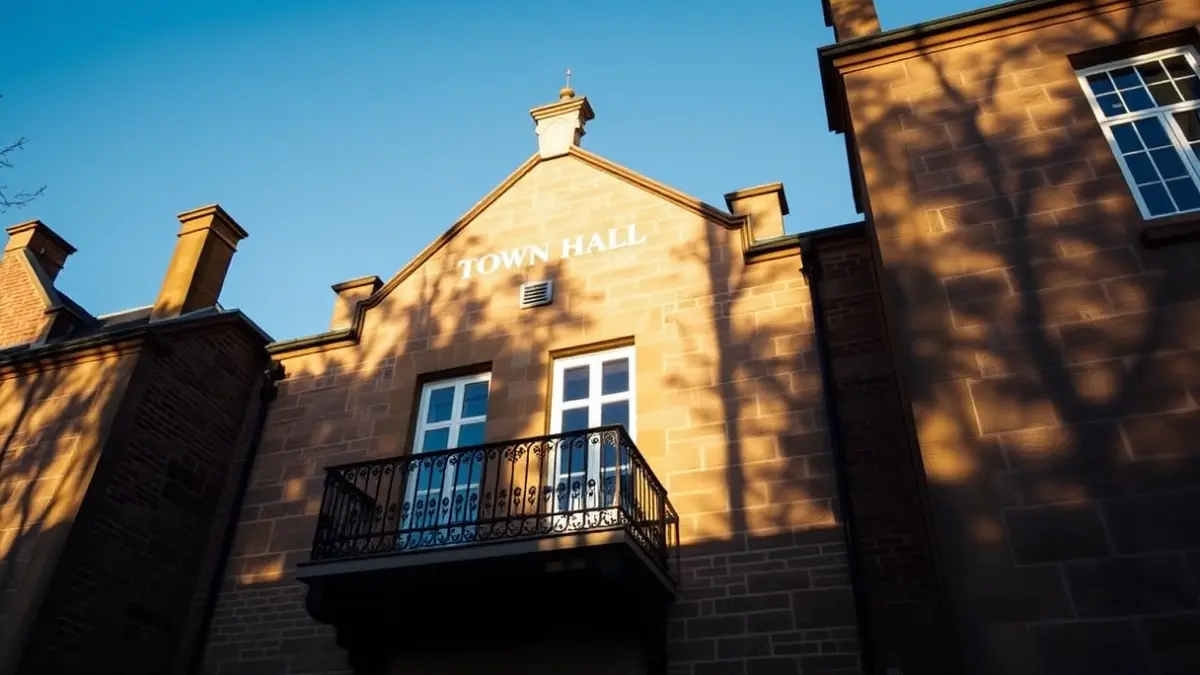 Façana d'un ajuntament de pedra amb balcó i baranes de ferro, il·luminat pel sol de la tarda.