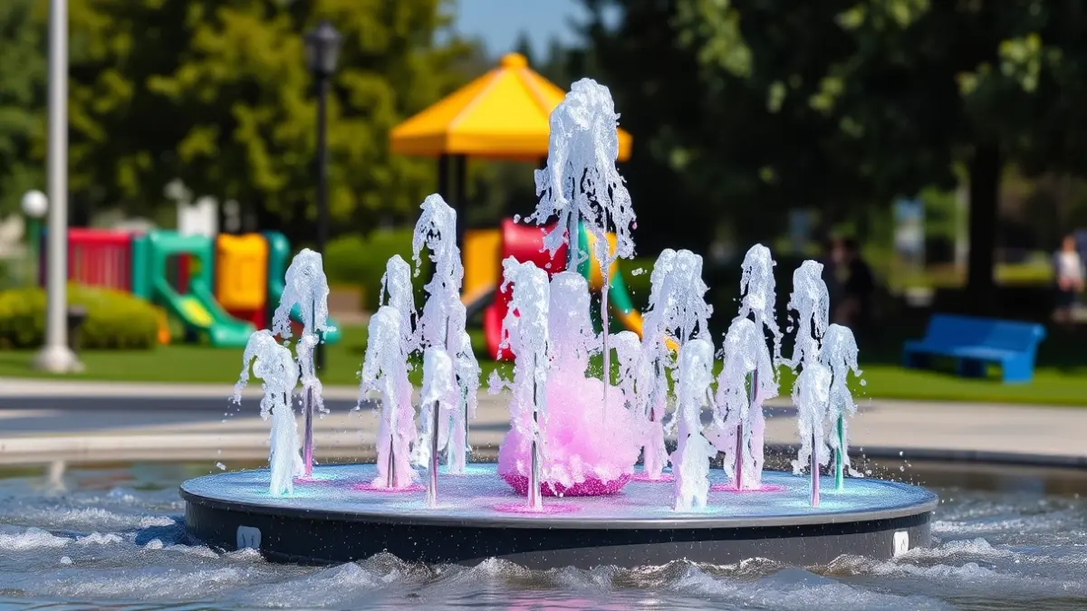 Imagen de una fuente transitable con juegos de agua y luces LED de colores.