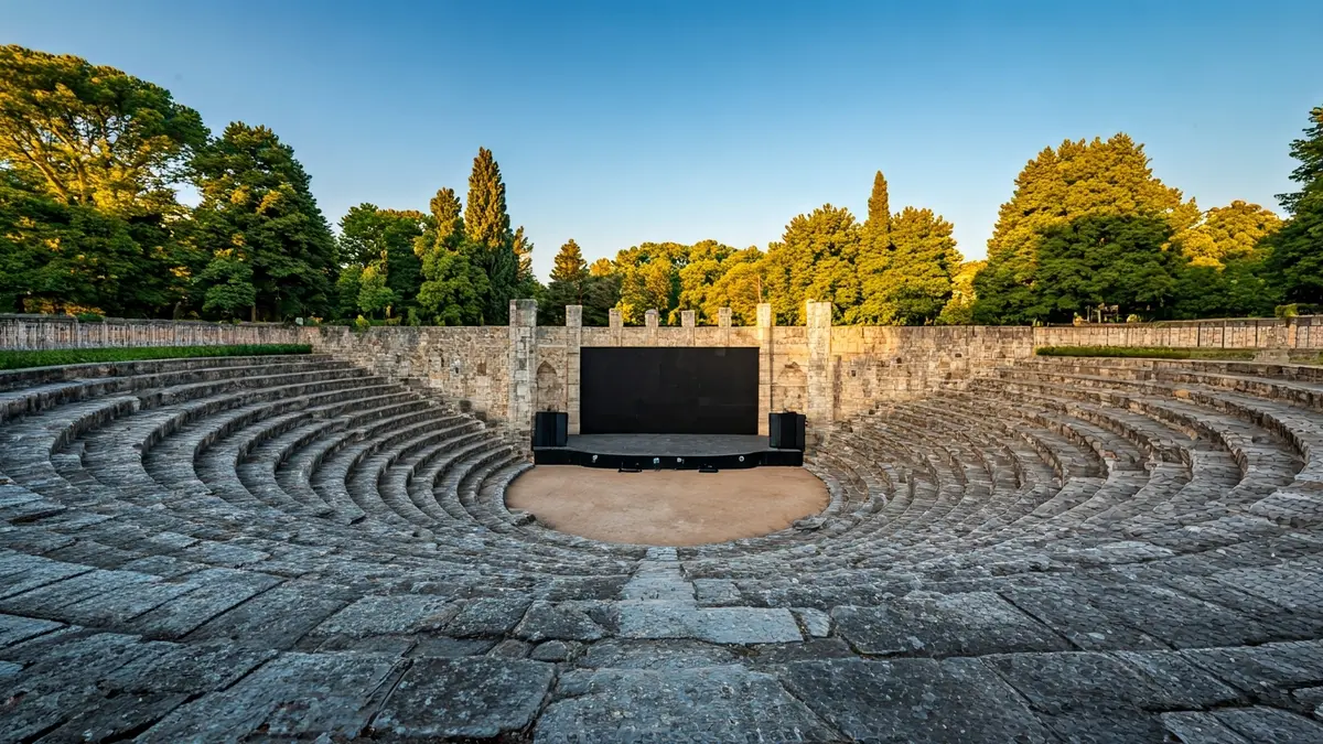 Imagen de un anfiteatro de piedra vacío rodeado de jardines.