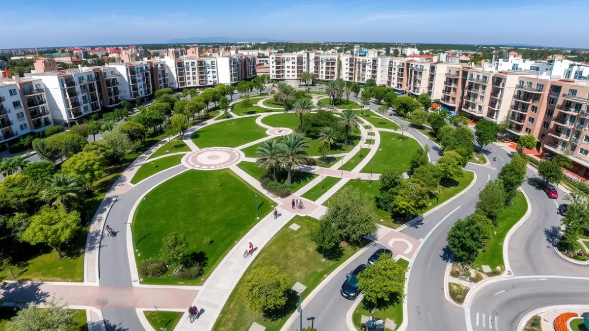 Imatge aèria d'un gran passeig urbà amb zones verdes i edificis residencials.
