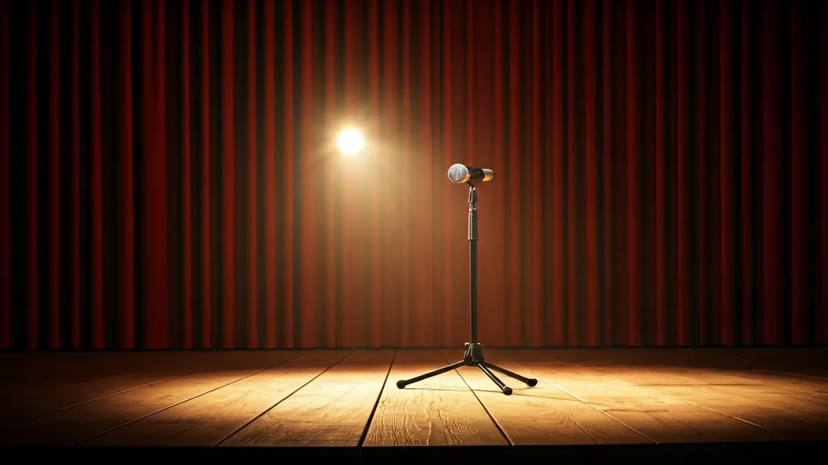 Imatge genèrica d'un escenari de teatre amb un micròfon i cortines vermelles.