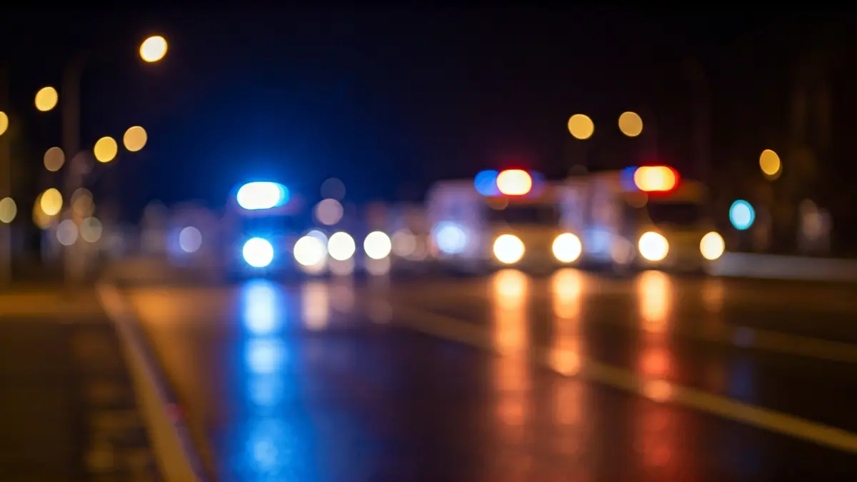Imagen genérica de luces de emergencia policiales reflejadas sobre el asfalto mojado.