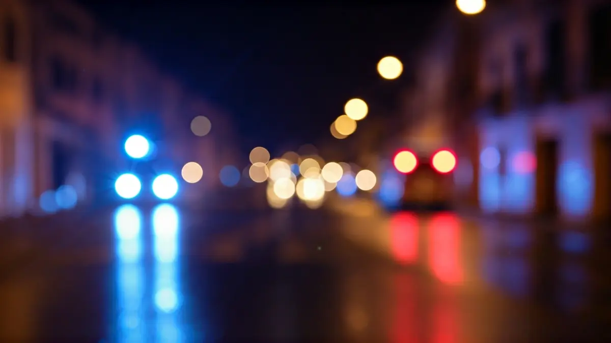 Imatge genèrica de llums d'emergència policials reflectint-se sobre l'asfalt mullat de nit.