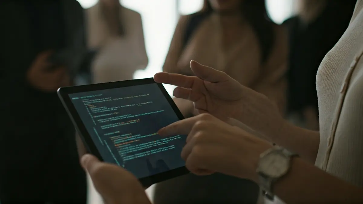 Generic image of hands collaborating on a tablet with code, symbolizing technological work.