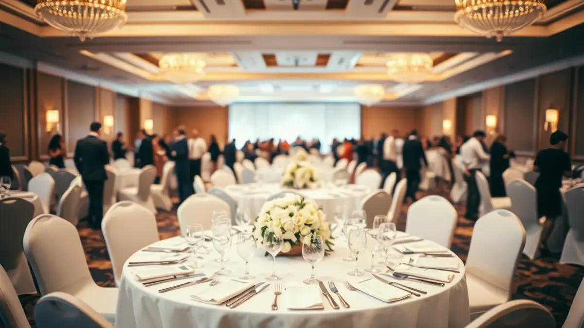 Imagen genérica de una cena benéfica con mesas decoradas y ambiente festivo.
