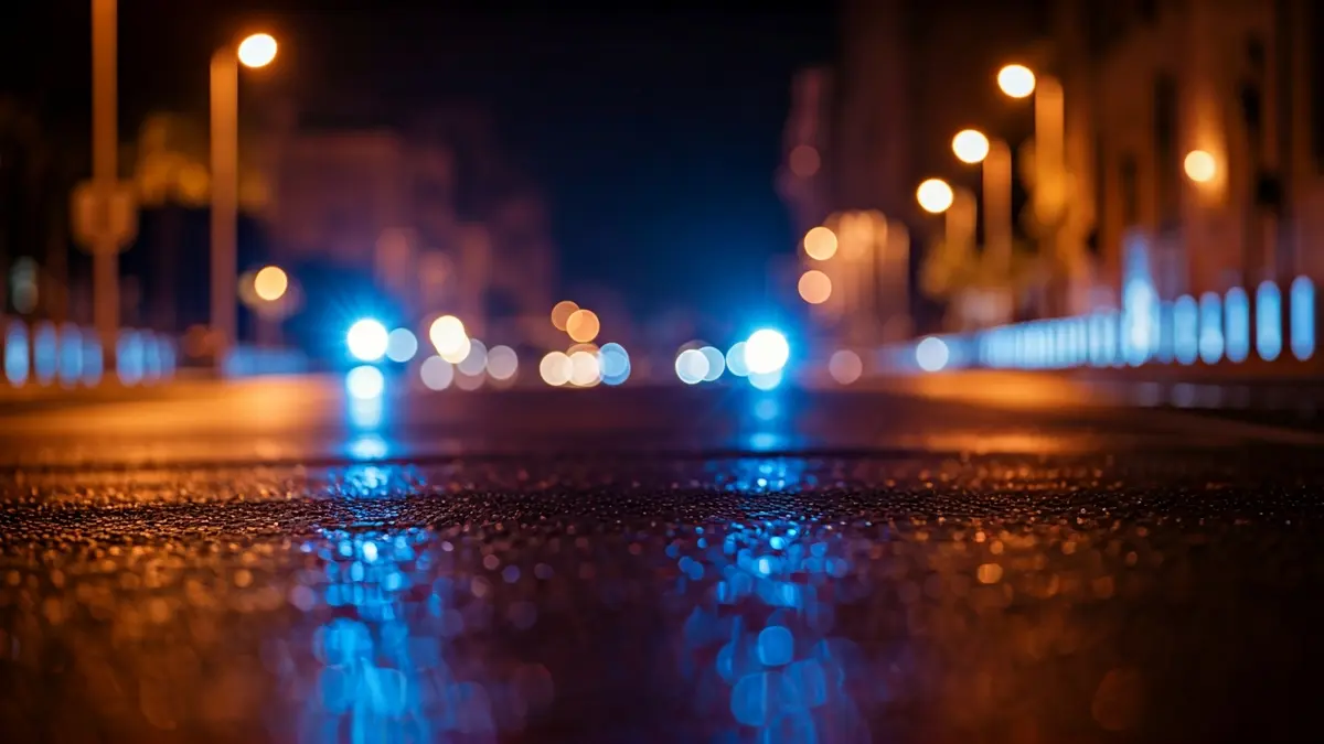 Generic image of emergency lights reflecting on wet asphalt