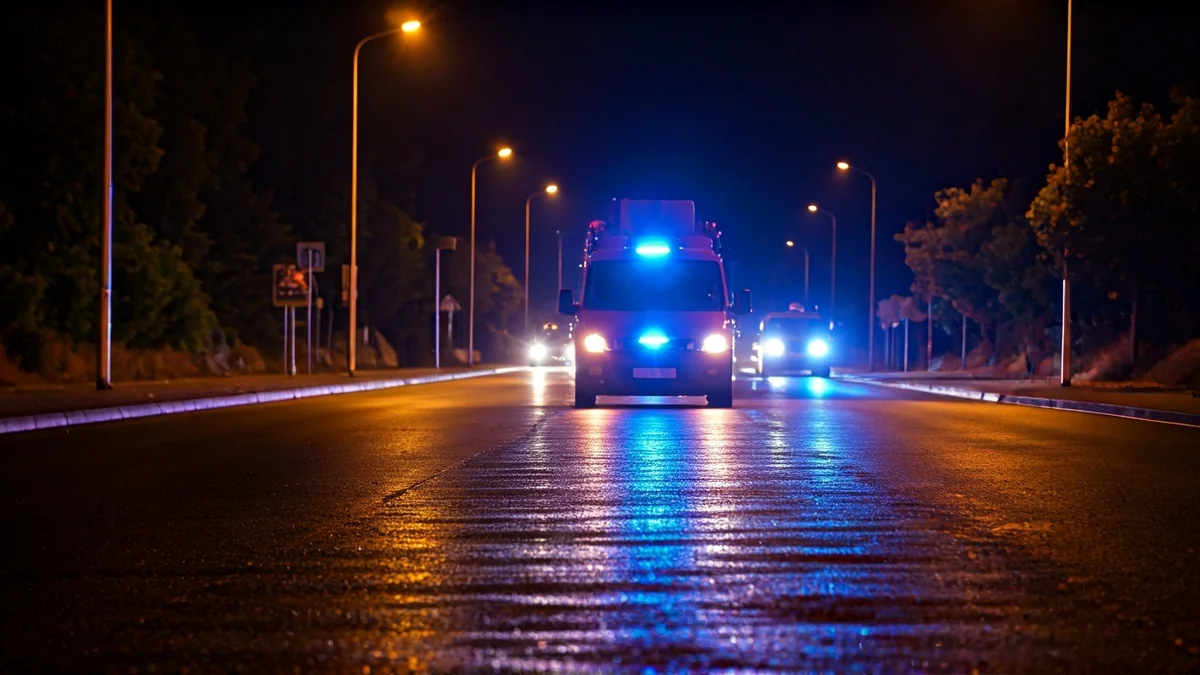 Imatge genèrica de llums d'emergència reflectint-se sobre l'asfalt mullat, simbolitzant un dispositiu de trànsit.