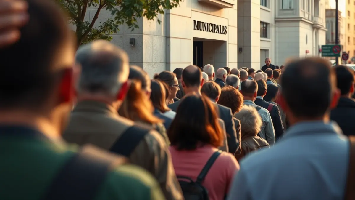 Imatge d'una llarga cua de persones esperant davant d'un edifici municipal.