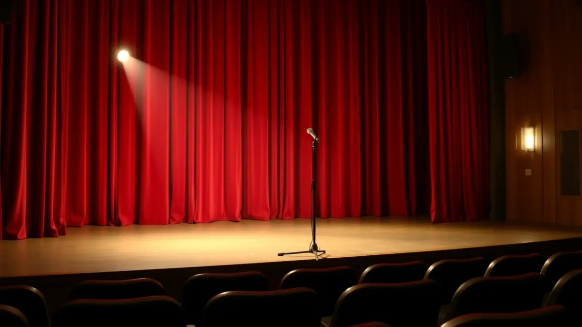 Imatge genèrica d'un escenari de teatre amb un micròfon, preparat per a una actuació de comèdia.