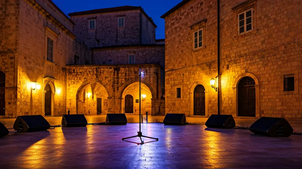 Imatge d'un escenari exterior amb il·luminació càlida en un entorn històric.