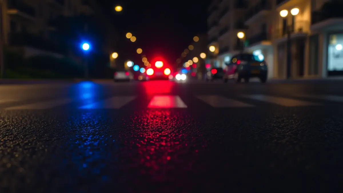 Imagen genérica de luces de emergencia reflejándose sobre asfalto mojado en un entorno urbano mediterráneo.