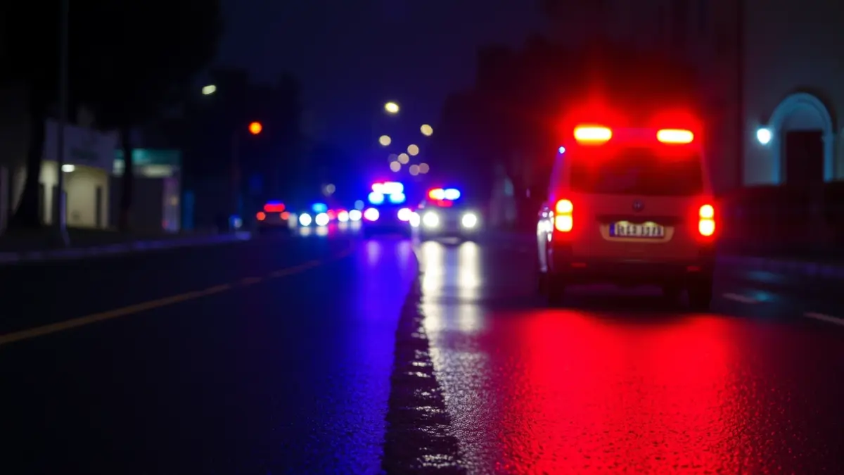Generic image of emergency lights reflecting on wet asphalt at night.