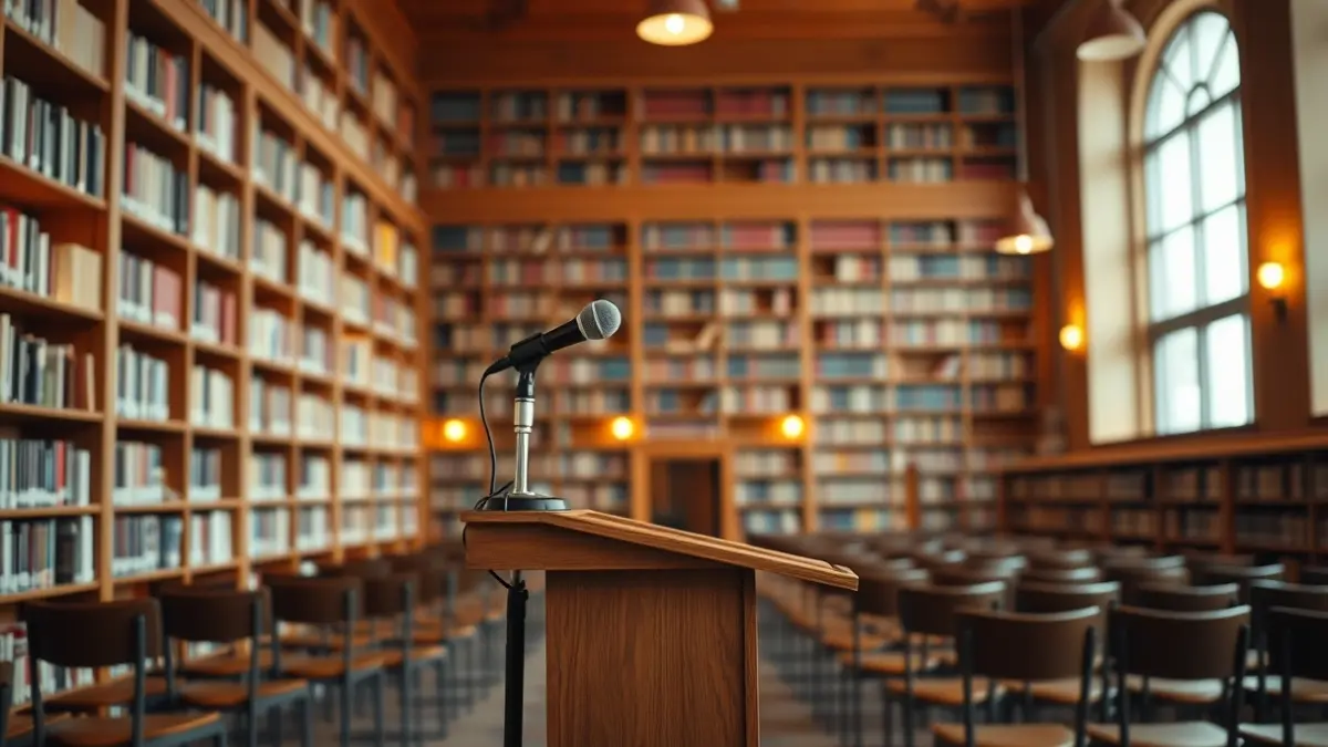 Imatge genèrica d'un micròfon en un faristol en un ambient cultural.